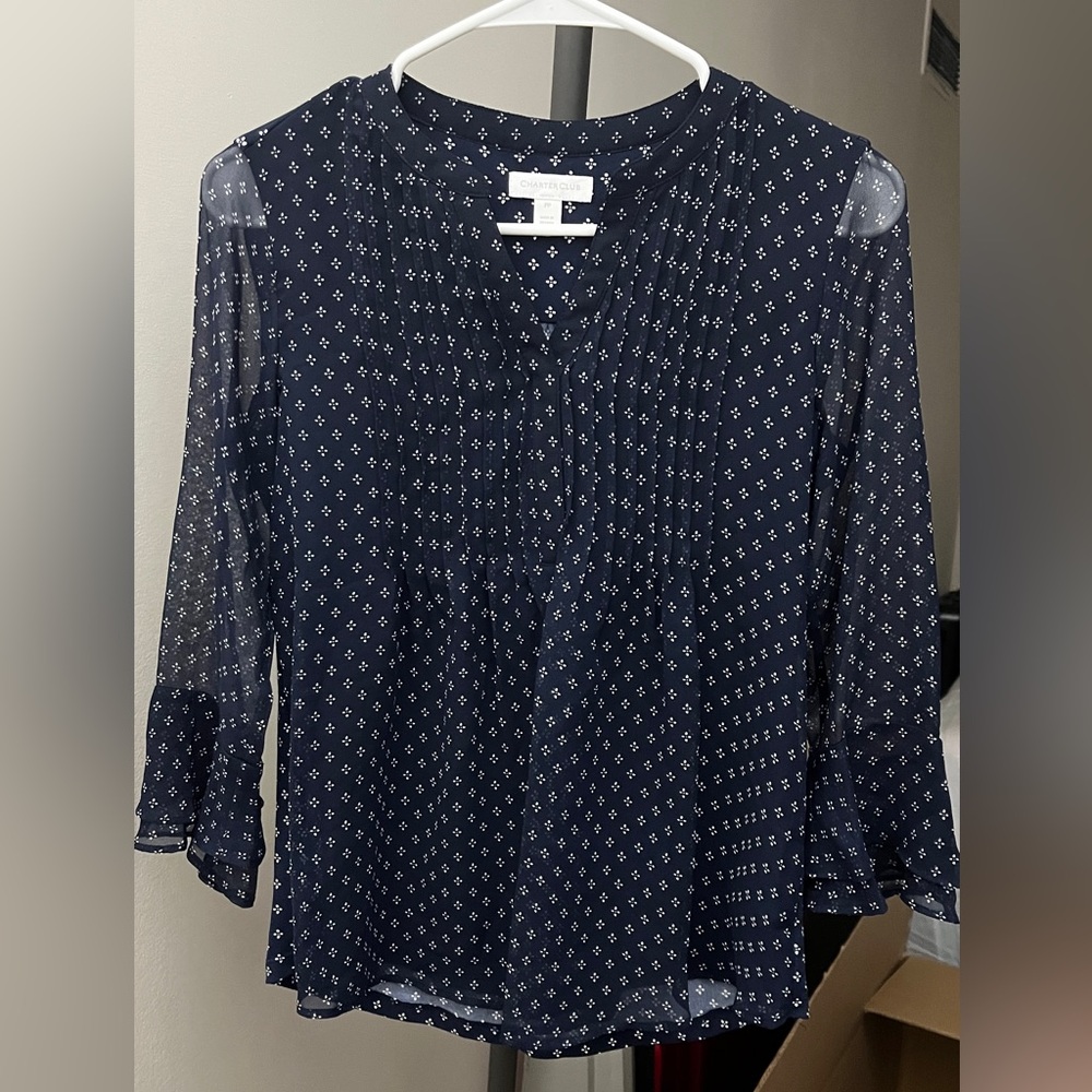 Charter Club Navy Blue Patterned Blouse